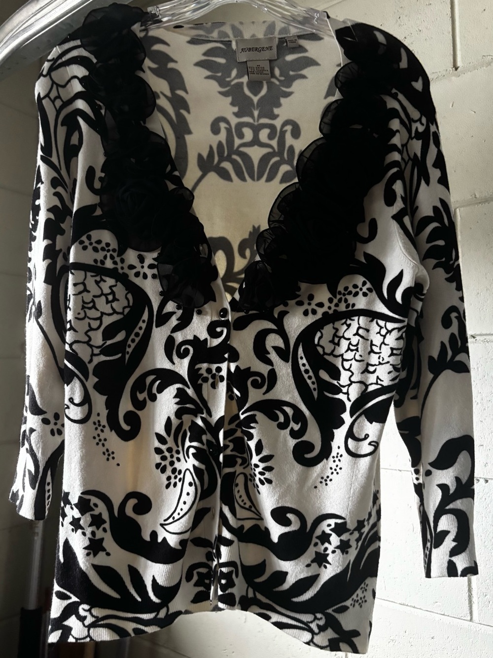 Black & White Floral Cardigan with Rosette Trim M